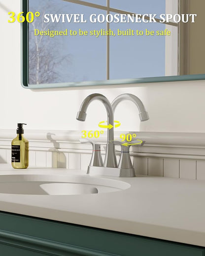 Brushed Nickel Bathroom Faucet 3 Hole, Evolvegoods 4 Inch Stainless Steel Bathroom Sink Faucet, 2 Handle Centerset Faucet for Bathroom Sink Vanity, with Pop Up Drain and 2 Supply Hoses