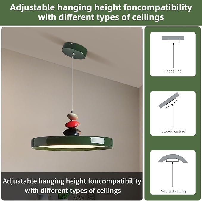Mikeru Modern Pendant Lights, 15.8" Vintage Green Pendant Lighting Fixture with Remote Control Dimmable 3 Color Mode & Brightness Mid Century Island Light Fixture for Dining Room,Kitchen,Living Room
