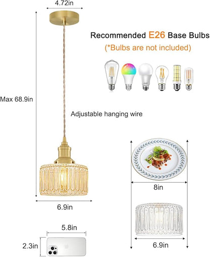 Vintage Pendant Light with Amber Striped Glass Lmapshade, Gold Pendant Lights Kitchen Island, Brass Kitchen Pendant Lighting over Island, Adjustable Hanging Light for Entrance Bathroom Dining Room