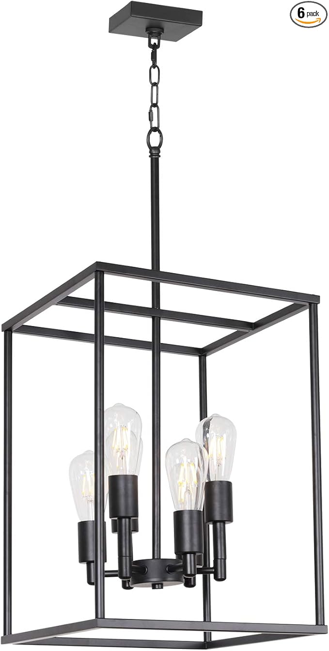 VINLUZ Classic Foyer Pendant Lighting 6 Light Black Farmhouse Chandelier Finish with Square Cage Shades Fixtures for Kitchen Dining Room Entryway