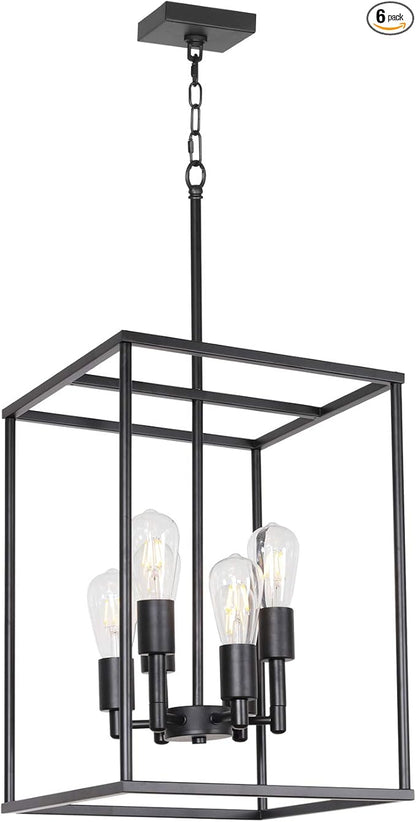 VINLUZ Classic Foyer Pendant Lighting 6 Light Black Farmhouse Chandelier Finish with Square Cage Shades Fixtures for Kitchen Dining Room Entryway