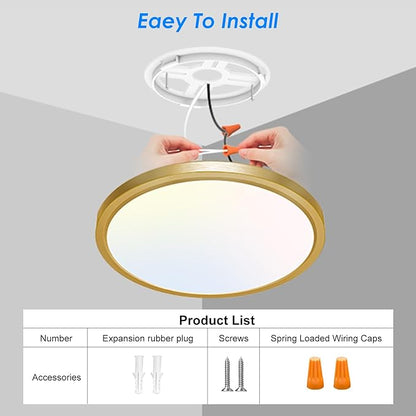 Peasur 12 Inch LED Ceiling Light Gold, 24W Slim Flush Mount Ceiling Light 3000K/4000K/6500K Adjustable, Modern Round Ceiling Lighting for Bedroom, Living Room, Kitchen(2 Pack)