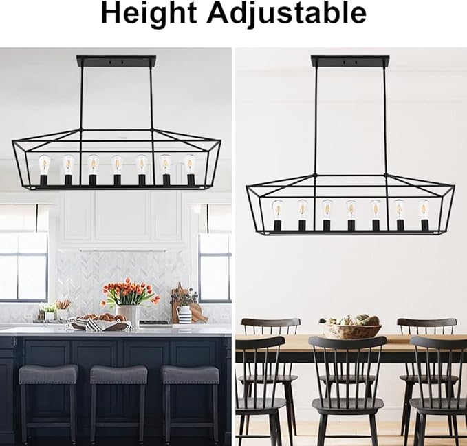VINLUZ 38.4-Inch 7 Light Contemporary Dining Room Chandelier,Farmhouse Hanging Ceiling Kitchen Island Lighting in Matte Black Finish Rectangle Modern Pendant Light Adjustable Height