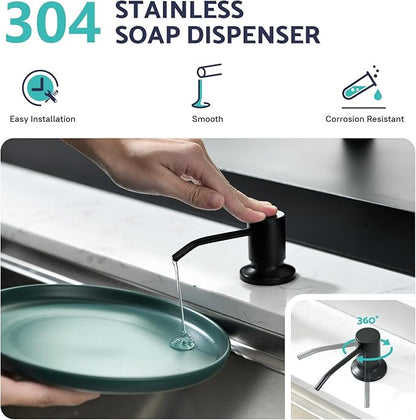 Kicimpro Black Kitchen Sink Faucet with Soap Dispenser, 3 Modes Black Kitchen Faucet with Pull Down Sprayer and Soap Dispenser, 304 Stainless Matte Single Handle Kitchen Faucets with Water Lines