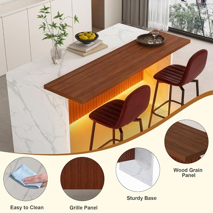 63 Inch Kitchen Island with 4 Deep Brown Bar Stools – White Marble Countertop, Integrated LED Lighting & Grille Design, Multi-Functional Breakfast Bar for Dining Rooms, (White Island)
