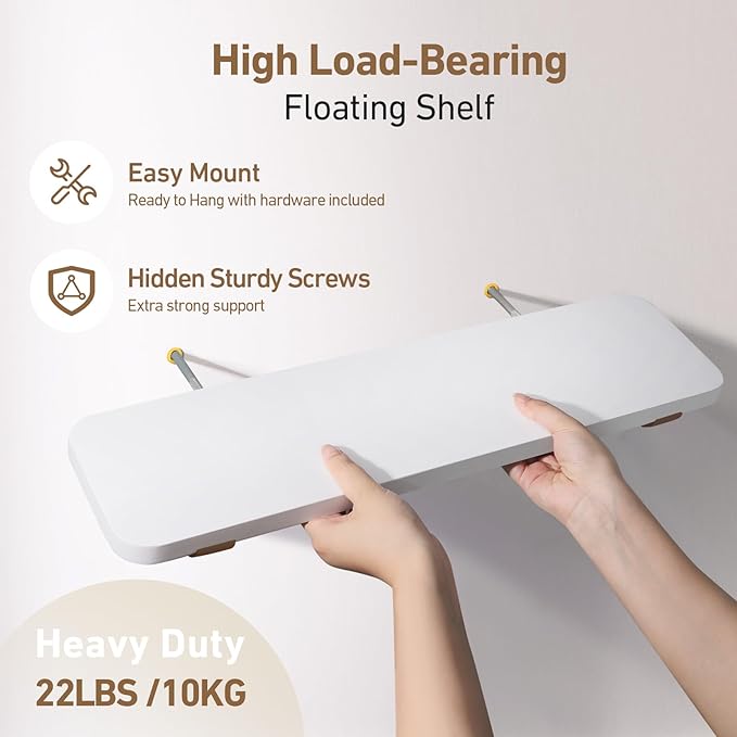 Wooden Floating Shelves for Wall, 22.6" W x 6" D x 0.8" H Large Wall Shelves, Hanging Storage Shelf with Hooks for Living Room, Kitchen, Bathroom, Bedroom Decor, Walnut, 2 Packs