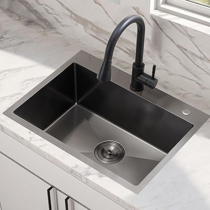 HOTIS 24 X 18 Inch Black Drop In Kitchen Sink, Black Stainless Steel Kitchen Sink, Large Residential Sink with 2 Holes, Single Bowl Topmount Workstation Sink with Dish Grid & Drain