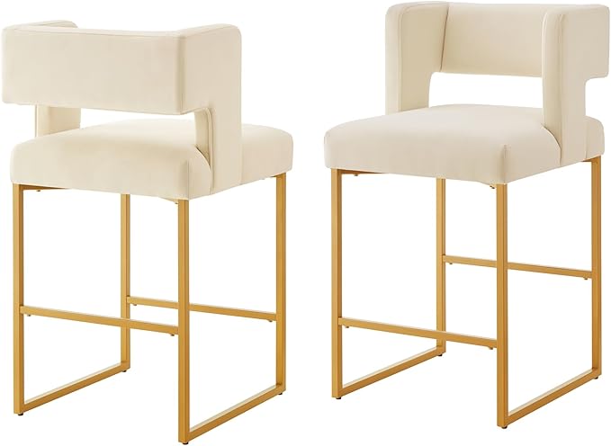 Counter Height Bar Stools with Unique Square Open Backrest, Set of 2 Bar Chairs with Sturdy Iron Legs, 26" H Counter Height Chairs for Kitchen Islands, Cream,Gold