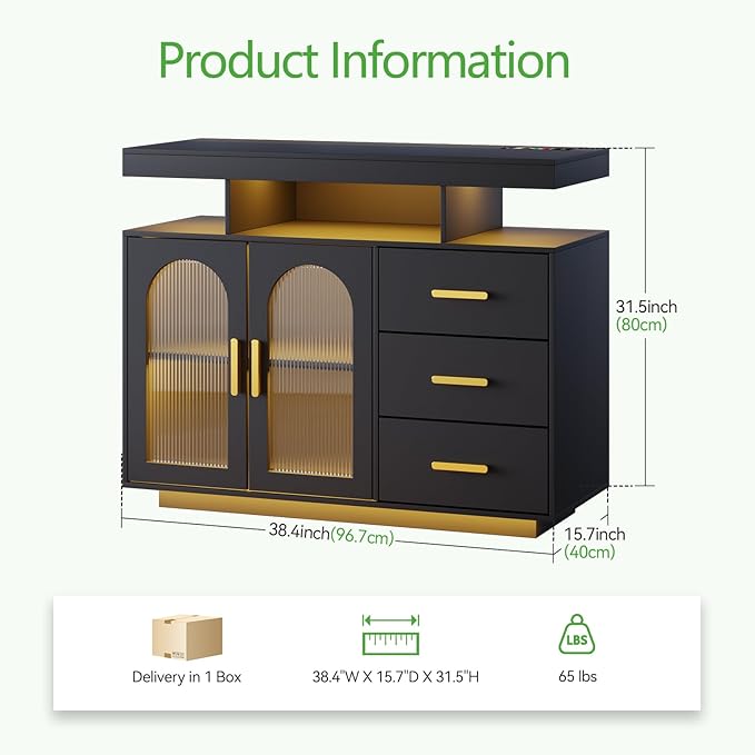 HNEBC LED Sideboard Buffet with Charging Station, Smart Bar Cabinet with Auto RGB Lighted, Coffee Bar with 3 Drawers/Adjustable Shelf for Living Room, Dining Room,Home Storage (Black)