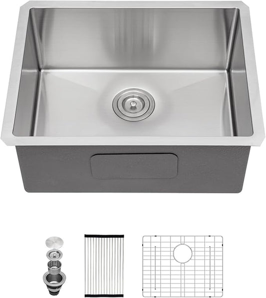 23" x 18" Undermount Sink 304 Stainless Steel 16 Gauge Single Bowl Deep Kitchen Sink Undermount Bar Prep Rv Outdoor Garage Handmade Modern Sink Basin