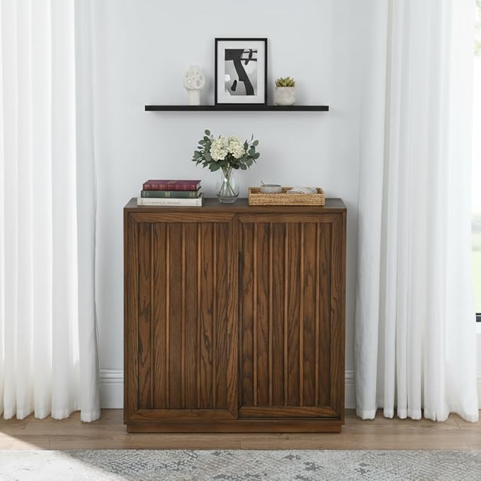 Amposei Mid Century Modern Sideboard Cabinet | Slim Fluted Credenza with Sliding Doors | Narrow Storage Buffet Console Table for Small Spaces, Living Room, Entryway, Kitchen (Walnut, 32")