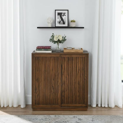 Amposei Mid Century Modern Sideboard Cabinet | Slim Fluted Credenza with Sliding Doors | Narrow Storage Buffet Console Table for Small Spaces, Living Room, Entryway, Kitchen (Walnut, 32")