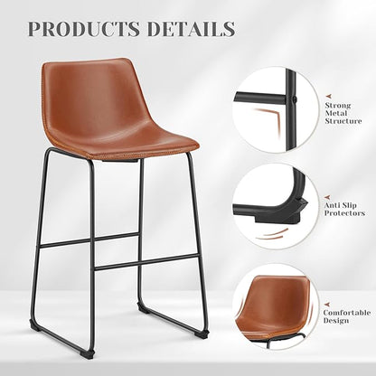 DUMOS Counter Height Bar Stools Set of 2, 30 inch Height Stool Faux Leather Barstools with Back, Armless Kitchen Island Countertop Comfortable Modern Chairs with Metal Legs, Warm Brown