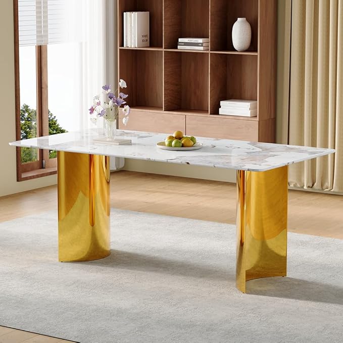 gopop Modern Dining Table for 6,71'' Faux Marble Kitchen Table with Gold Stainless Steel Base,Rectangular Gold Dinner Table Ideal for Kitchen Home Office