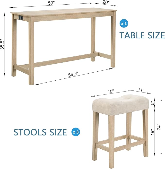 4-Piece Wooden Counter-Table Set with Power Outlet, Industrial Kitchen Dining Tables with 3 Upholstered Stools, 59 Inch Farmhouse Bar Table Chairs w/USB and Type-C Ports, Light Oak