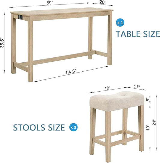 4-Piece Wooden Counter-Table Set with Power Outlet, Industrial Kitchen Dining Tables with 3 Upholstered Stools, 59 Inch Farmhouse Bar Table Chairs w/USB and Type-C Ports, Light Oak