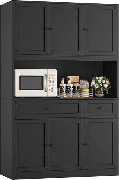 BOTLOG 72" Kitchen Pantry Cabinet, Kitchen Hutch with Microwave Stand, Buffet Cabinet with Hutch for Dining Room, Black