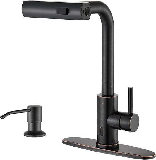 AVSIILE Touchless Kitchen Faucets with Pull Down Sprayer & Soap Dispenser, Single Hole & Handle, Oil Rubbed Bronze Pull Out Waterfall Sink Faucet Suitable for Farmhouse Camper Laundry Rv