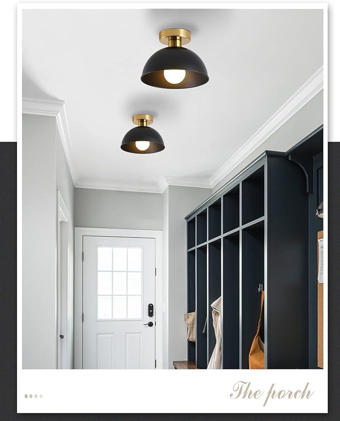 3-Pack Industrial Semi Flush Mount Ceiling Light with Gold Plate and Matte Black Shade, Farmhouse Ceiling Light Fixture for Kitchen Island Dining Room Foyer Hallway Porch Barn Loft，10in