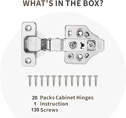 20 Pack Full Overlay Soft Close Cabinet Hinges 105° Frameless 3 Way Adjustable Soft Close Hinges for Cabinet Doors Kitchen Cabinet Door Hinges with Screws Bright Nickel