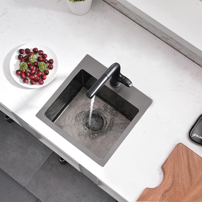 15 Inch Black Bar Sink Drop In,15x15 Drop In Bar Sink Stainless Steel Top Mount Rv Outdoor Sink 16 Gauge Deep Single Bowl Small Kitchen Sink with Dish Grid& Strainer