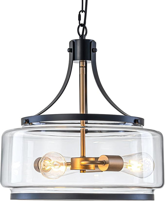15.7 Inch Glass Drum Dining Room Light Fixture Over Table, Modern Black and Gold Chandeliers for Dining Room, Drum Pendant Light for Kitchen,Entryway,Living Room