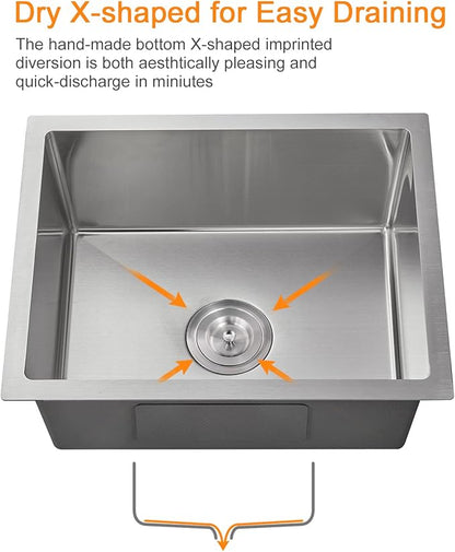 ROVATE 19.6 inch Kitchen or Bar Sink 304 Stainless Steel Undermount Single Bowl, Handmade Small Wet Bar Sink, 19.6"L x 15.7"W x 8.6"D
