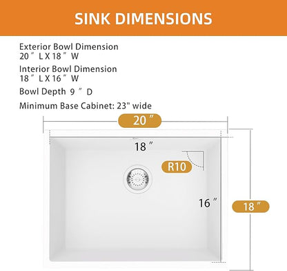 Quartz Kitchen Sink, 20 Inch White Undermount Kitchen Sinks, Deep Single Bowl Granite Composite Sink, Modern Sinks Providing Complete Accessories, Spacious Workspace and Easy Cleaning