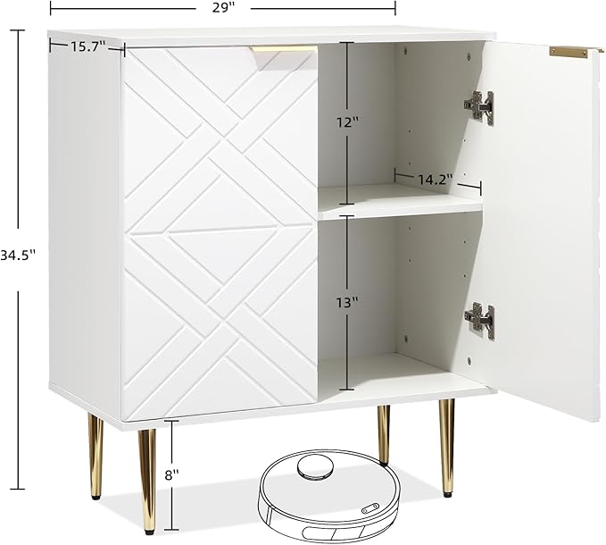 IDEALHOUSE Storage Cabinet, Modern Accent Storage with 2 Decorative Embossed Pattern Doors, Wood Buffet Cabinet with Inner Shelf, White Sideboard Cabinet for Living Room, Entryway, Kitchen, White