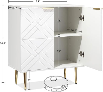 IDEALHOUSE Storage Cabinet, Modern Accent Storage with 2 Decorative Embossed Pattern Doors, Wood Buffet Cabinet with Inner Shelf, White Sideboard Cabinet for Living Room, Entryway, Kitchen, White