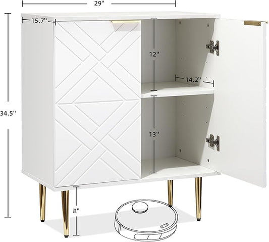 IDEALHOUSE Storage Cabinet, Modern Accent Storage with 2 Decorative Embossed Pattern Doors, Wood Buffet Cabinet with Inner Shelf, White Sideboard Cabinet for Living Room, Entryway, Kitchen, White
