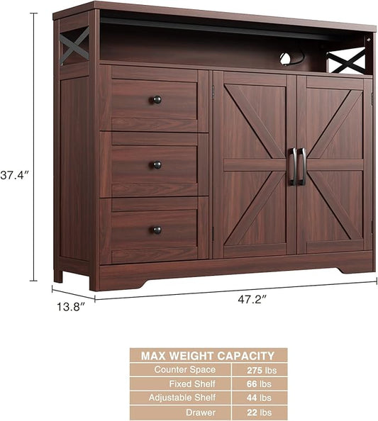 47" Dark Brown Farmhouse Storage Cabinet with Barn Doors and Drawers, Sideboard Buffet Cabinet with Storage, Kitchen Pantry Hutch, Coffee Bar Station Table for Kitchen, Living, Dining Room