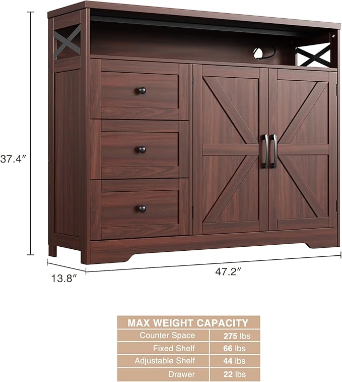 Befrases Dark Brown Farmhouse Storage Cabinet with Doors & Drawers, Sideboard Buffet Cabinet with Storage, Kitchen Pantry Hutch, Coffee Bar Station Table for Kitchen, Livingroom, Dining Room