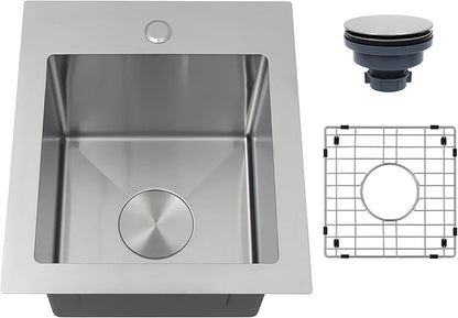 Drop In Bar Sink 15 X 17 inch,16 Gauge Stainless Steel Bar Sink,Outdoor Small RV Sinks,Top Mount Prep Sink for Wet Bar Area (15" X 17")