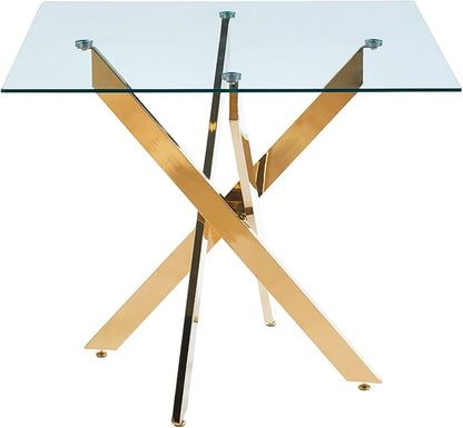 Square Glass Dining Table 35.4'' Inch Modern Square Kitchen Table with Metal Legs Durable Stylish Dinner Table for Dining Room Kitchen