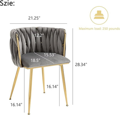 Nrizc Woven Dining Chairs Set of 6, Velvet Upholstered Dining Chairs with Gold Metal Legs, Modern Accent Chairs for Living Room, Dining Room, Kitchen (Grey)