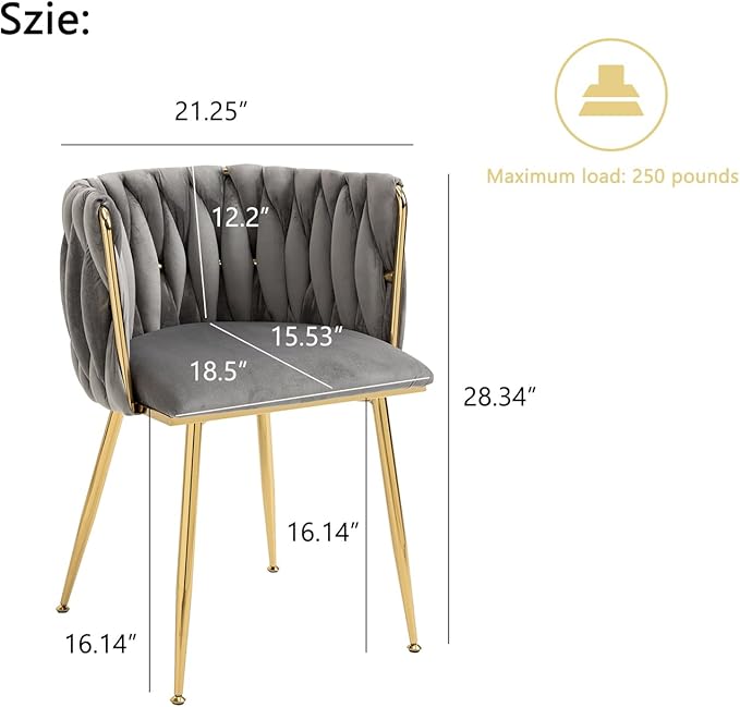 Nrizc Woven Dining Chairs Set of 2, Velvet Upholstered Dining Chairs with Gold Metal Legs, Modern Accent Chairs for Living Room, Dining Room, Kitchen (Grey)