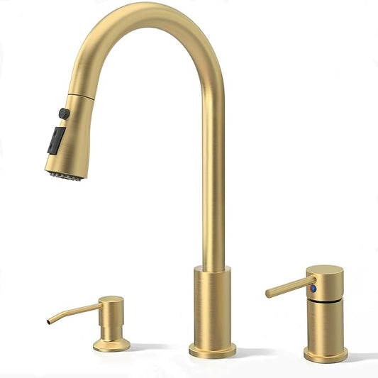 Brass Gold Kitchen Faucet 3 Hole with Soap Dispenser, Gold Kitchen Faucet with Pull Down Sprayer and Separate Single Side Handle 3 Pieces, Stainless Steel High Arc Kitchen Sink Faucet
