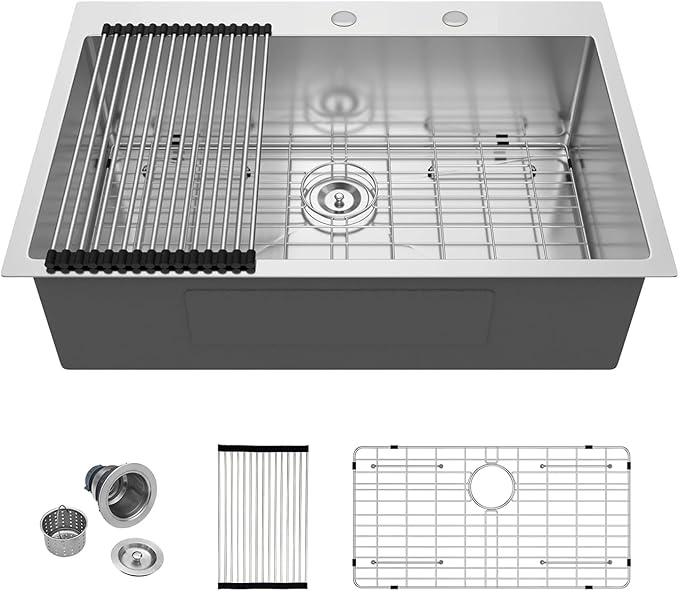 Mocoloo 33 Inch Drop Kitchen Sink - 33 x 22 Inch Stainless Steel Kitchen Sinks Topmount 16 Gauge Single Bowl Above Counter Handmade Sink, T304 Stainless 10'' Deep Basin