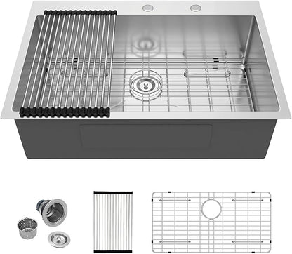 Mocoloo 33 Inch Drop Kitchen Sink - 33 x 22 Inch Stainless Steel Kitchen Sinks Topmount 16 Gauge Single Bowl Above Counter Handmade Sink, T304 Stainless 10'' Deep Basin