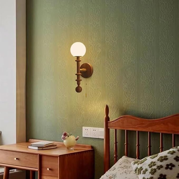 Vintage Wood Wall Sconce Globe Glass Wall Lamp with Pull Chain Switch, Farmhouse Bedside Aisle Deco Lighting Fixture Retro Modern Wooden Wall Light for Living Room Hallway Stairs, E27