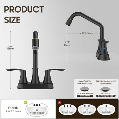 Phiestina Black Utility Sink Faucet 3 Hole, Laundry Sink Faucet with Pull Out Sprayer, Long Spout Dual Handle Modern Bathroom Faucet, 4 Inch CenterSet Laundry & Utility Room Sink Faucets, LF36CL-2M-MB