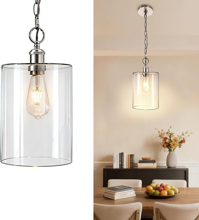 Modern Pendant Light, 7.7" Clear Glass Cylinder Hanging Fixture with Brushed Nickel Finish, Adjustable Chain Chandelier for Kitchen Island Dining Room Hallway Entryway, E26 Base