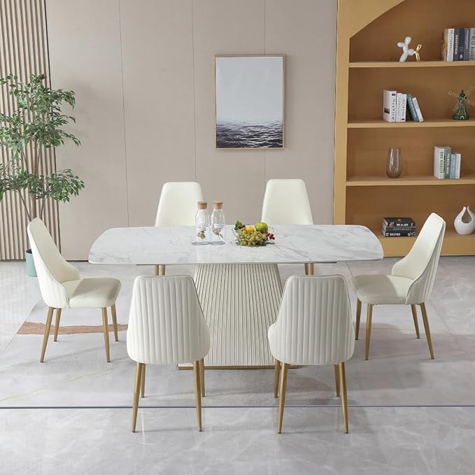 Modern Sintered Stone Dining Table for 6-8, Luxury Faux Marble Kitchen Table with Heavy-Duty Base, Heat-Resistant Furniture for Dining Room & Family Gatherings (Table+6 Chairs)