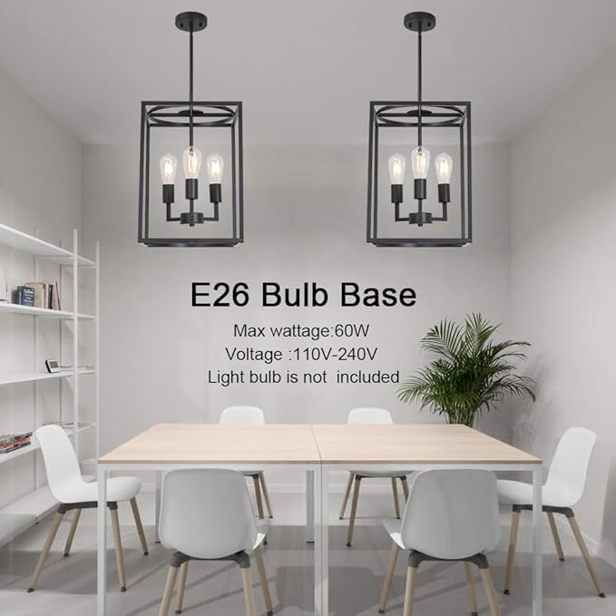 BONLICHT Rustic Hall Foyer Cage Chandelier 3-Light Vintage Industrial Farmhouse Lantern Square Pendant Hanging Lighting Black Kitchen Island Ceiling Light Fixture for Dining Room Hallway Bar