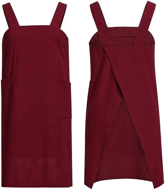 Cotton Linen Apron Cross Back Apron for Women with Pockets Pinafore Dress for Baking Cooking