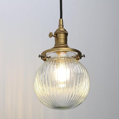 Phansthy Kitchen Island Lighting, 3 Lights Linear Chandeliers, Hanging Light with 5.9" Globe Striped Glass Shade, 3-Light Pendant Light Fixtures for Dining Room Farmhouse (Antique Gold, Round Base)