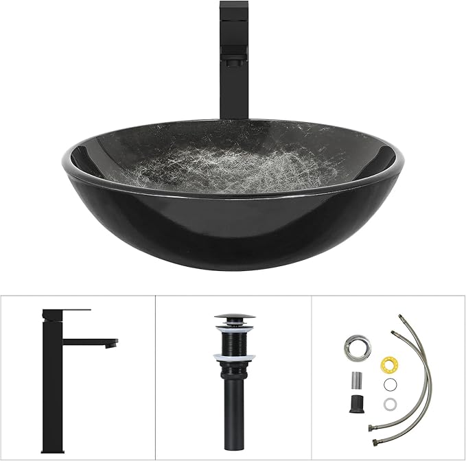 Bathroom Artistic Vessel Sink, Tempered Glass Vanity Round Bowl with Oil Rubber Bronze Faucet and Pop up drain Set, Black