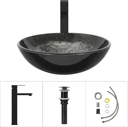 Bathroom Artistic Vessel Sink, Tempered Glass Vanity Round Bowl with Oil Rubber Bronze Faucet and Pop up drain Set, Black