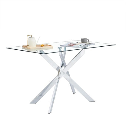51" Rectangle Dining Table for 4 5 6 People, Modern Dining Table with Silver Chrome Metal X-Shaped Legs, Large Glass Kitchen Table Family Dinner Table for Home Office Living Room